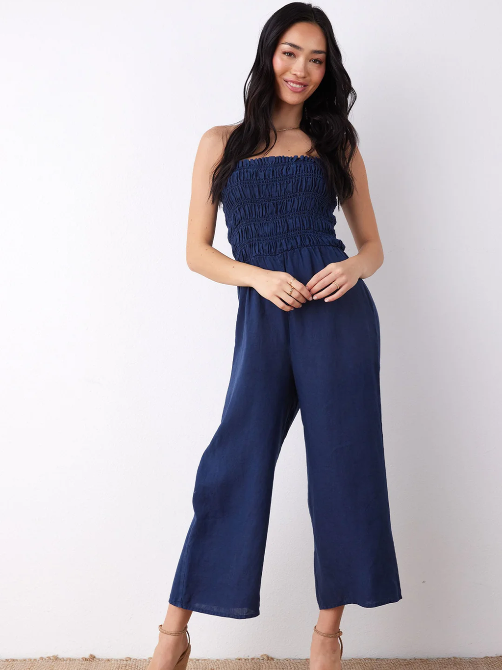 Linen Smocked Strapless Jumpsuit