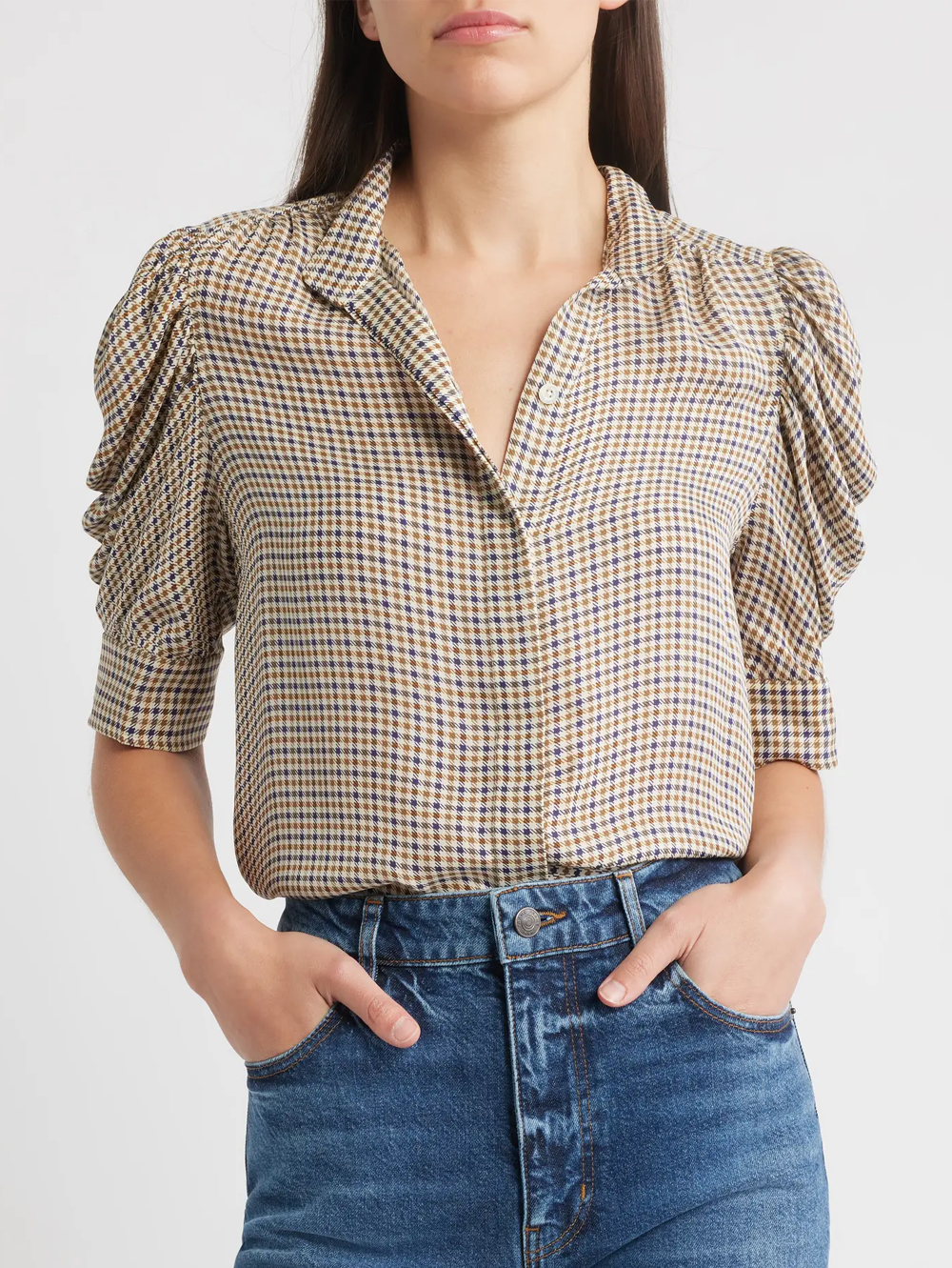 Houndstooth Gillian Puff Sleeve Silk Top