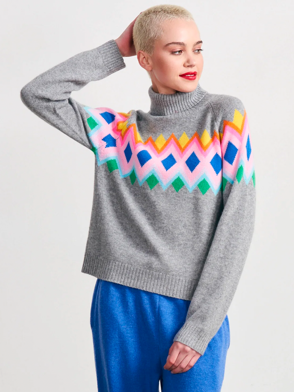 Bright Fairisle Cashmere Roll Collar