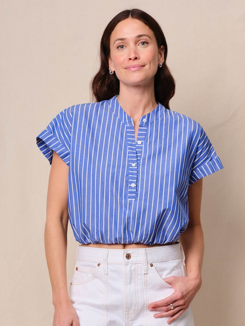 Poplin Stripe Cropped Half Shirt