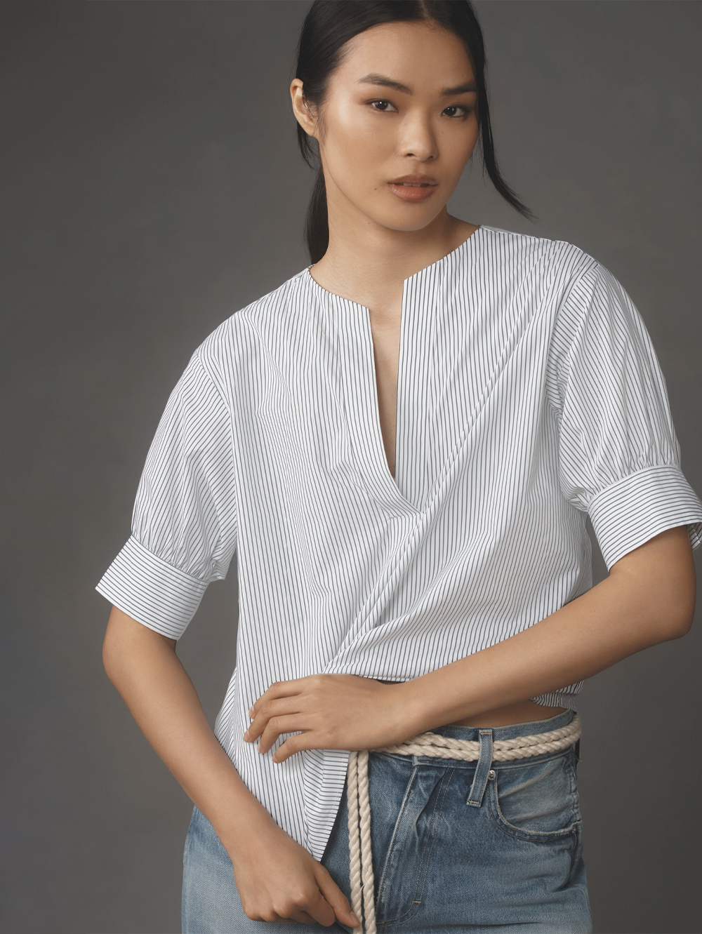 Stripe V-Neck Popover Top