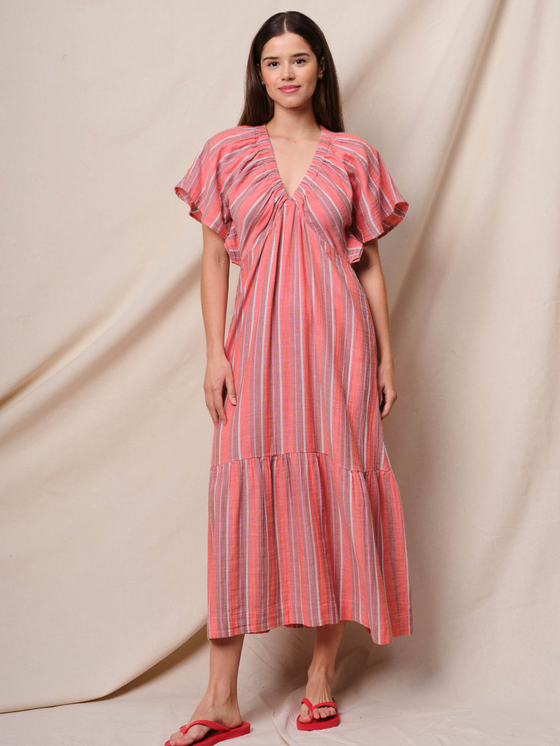 Striped Gauze V-Neck Midi Dress