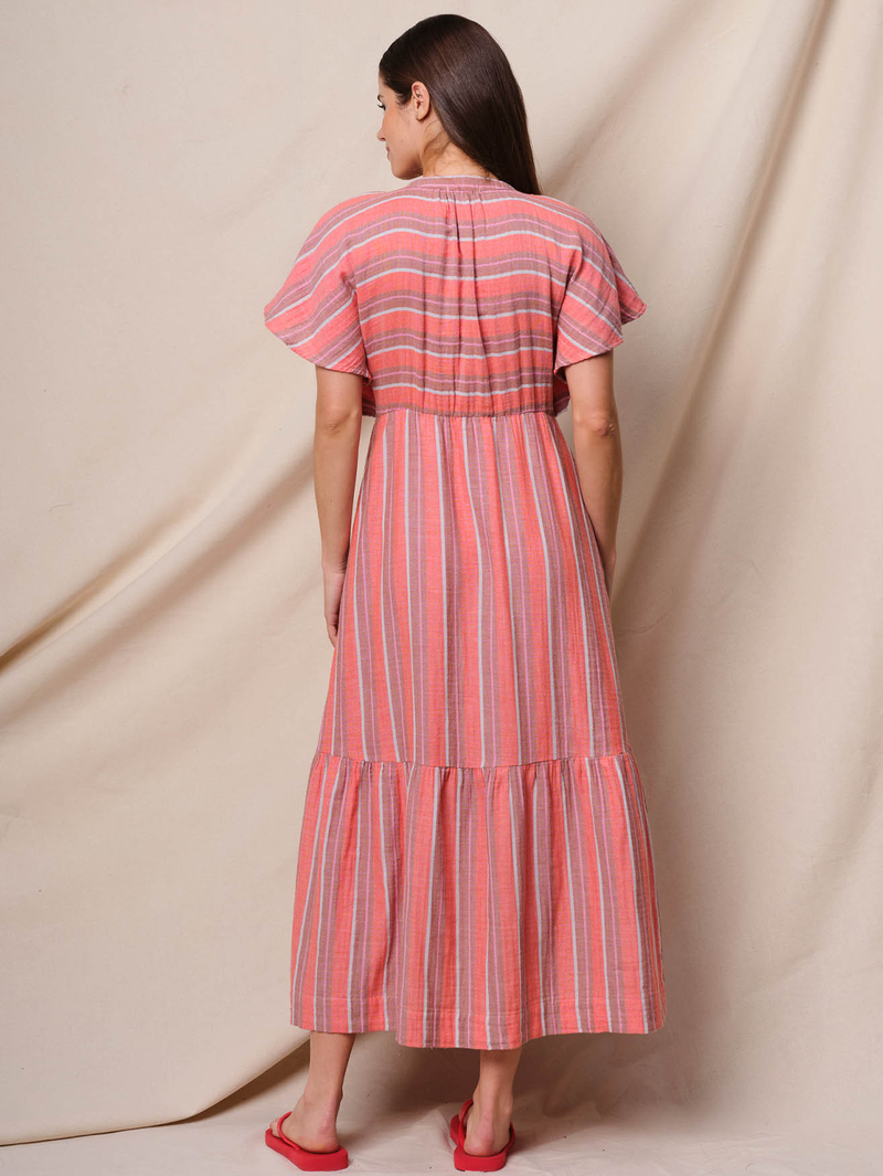 Striped Gauze V-Neck Midi Dress
