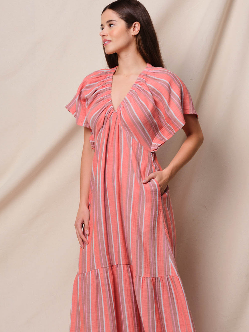 Striped Gauze V-Neck Midi Dress