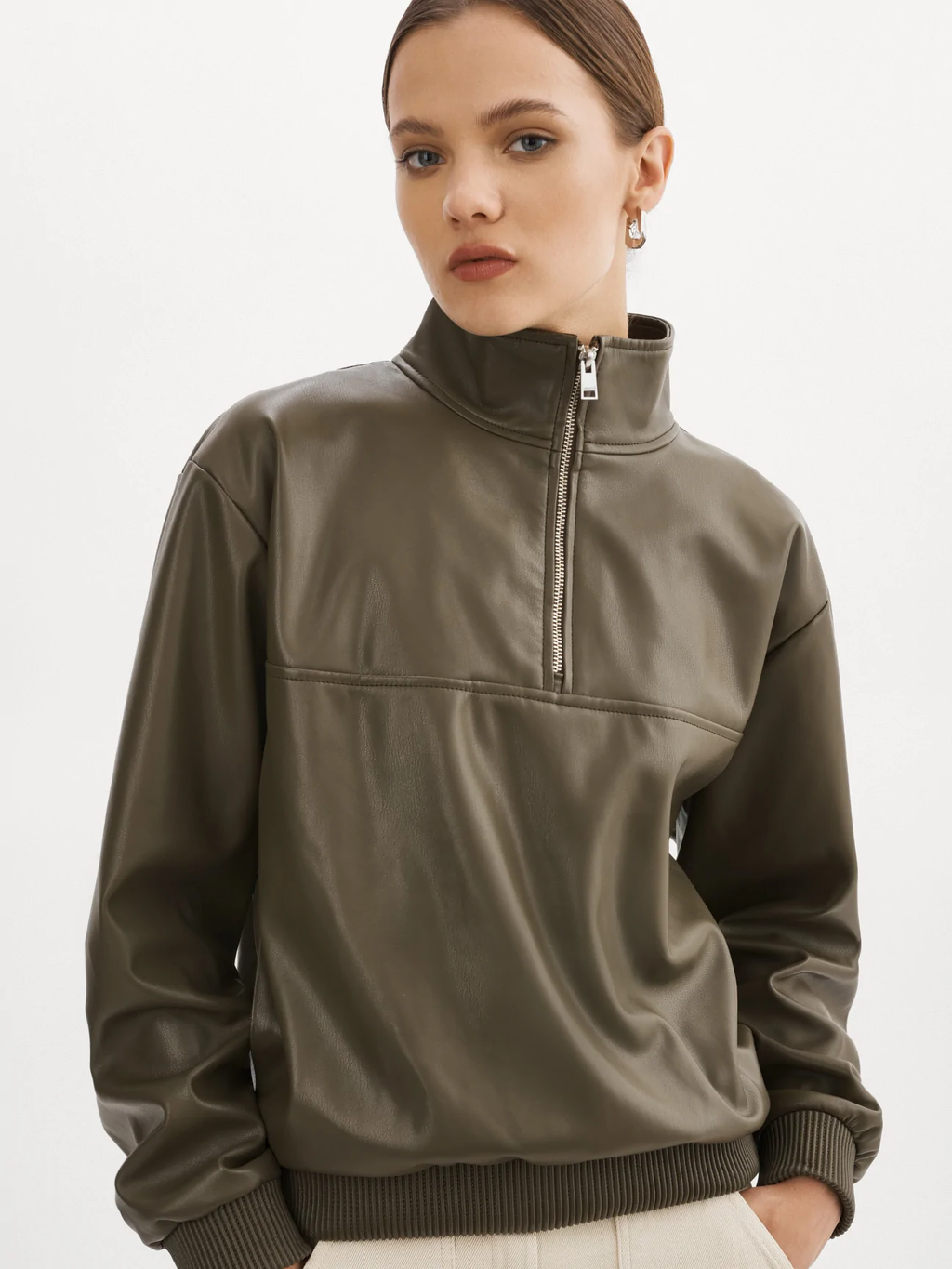 KAISLEY Khaki Faux Leather Pullover