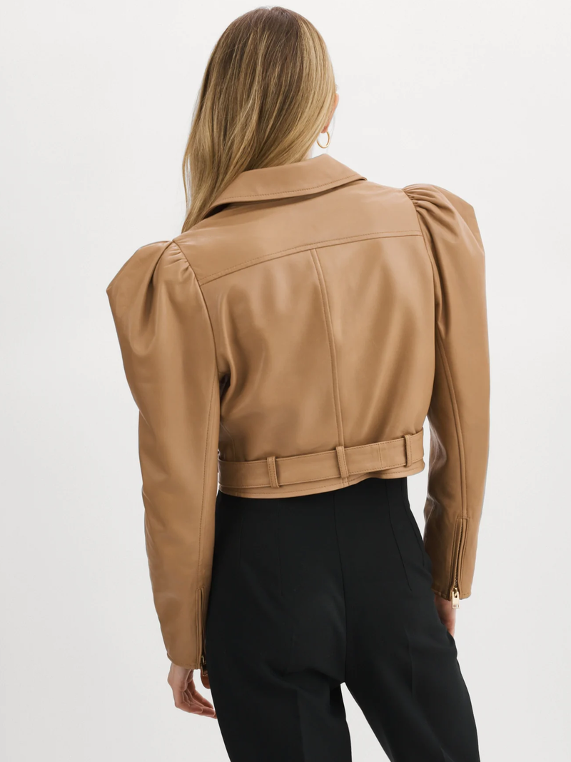 CHARNESA Sesame Puff Sleeve Leather Jacket