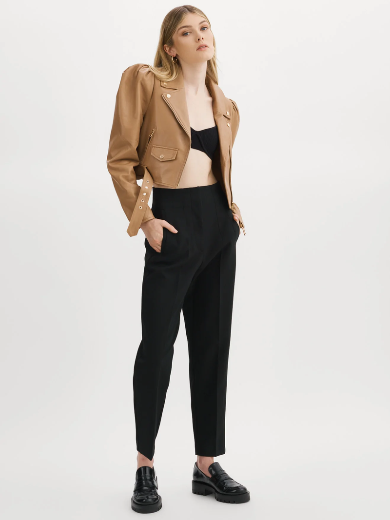 CHARNESA Sesame Puff Sleeve Leather Jacket