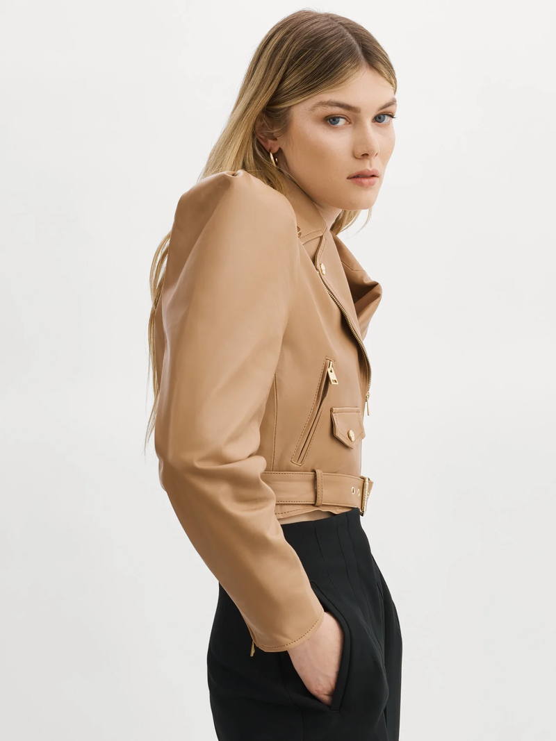 CHARNESA Sesame Puff Sleeve Leather Jacket