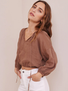 Linen Tie Front Peasant Top