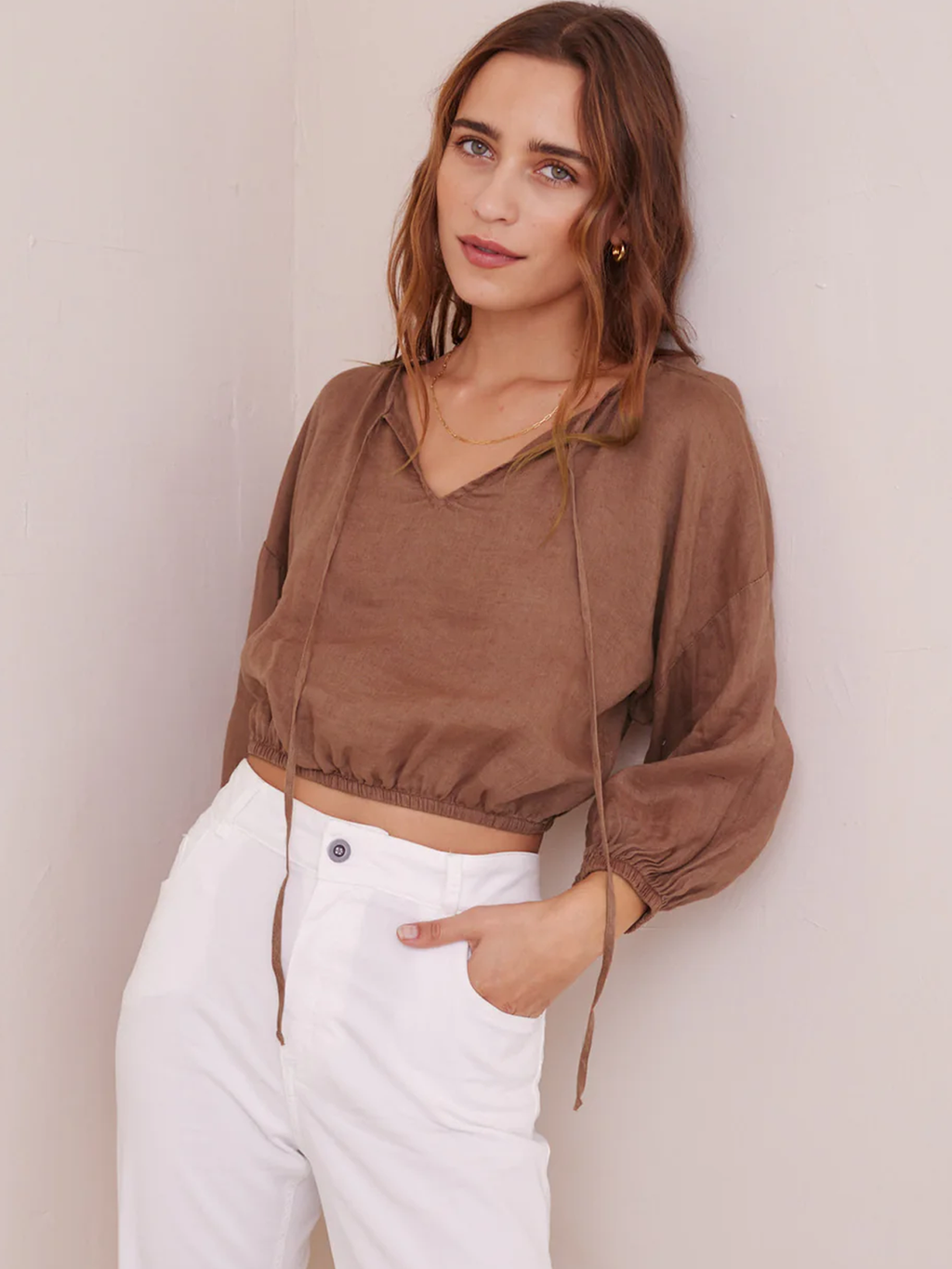 Linen Tie Front Peasant Top