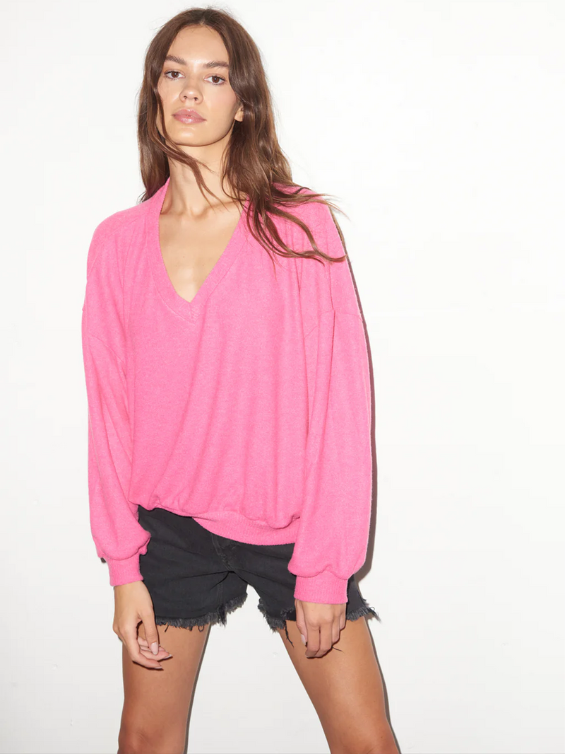 Brushed V Neck Pullover in Pink