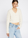 Cropped Cable V-Neck in Off White