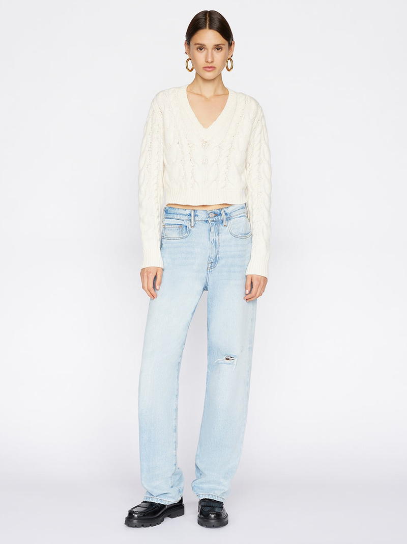 Cropped Cable V-Neck in Off White